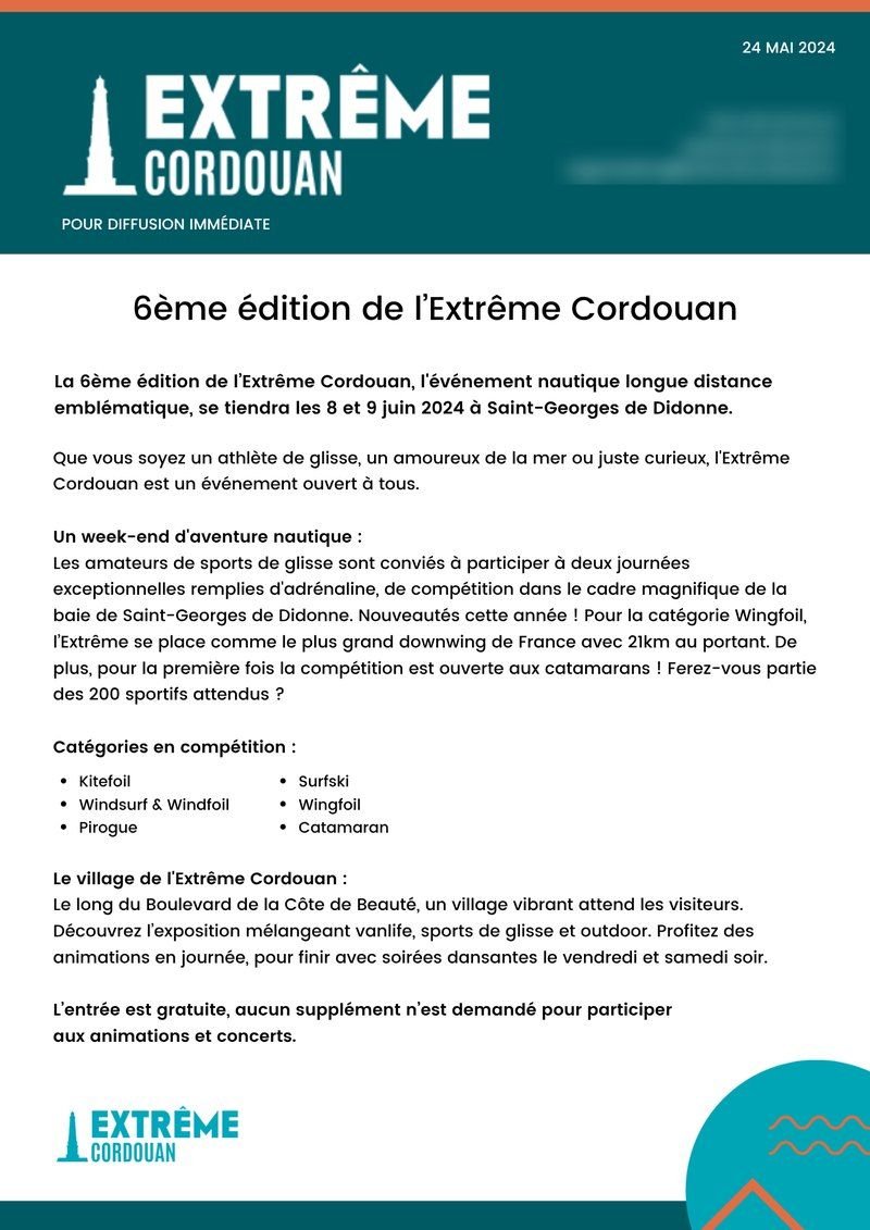 Communiqué de presse : annonce de la 6e édition de l'Extrême Cordouan