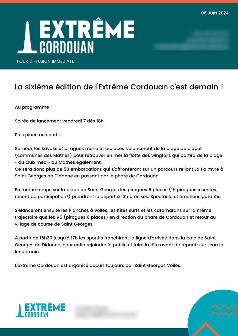Communiqué de presse : programme de l'Extrême Cordouan la veille de l'événement