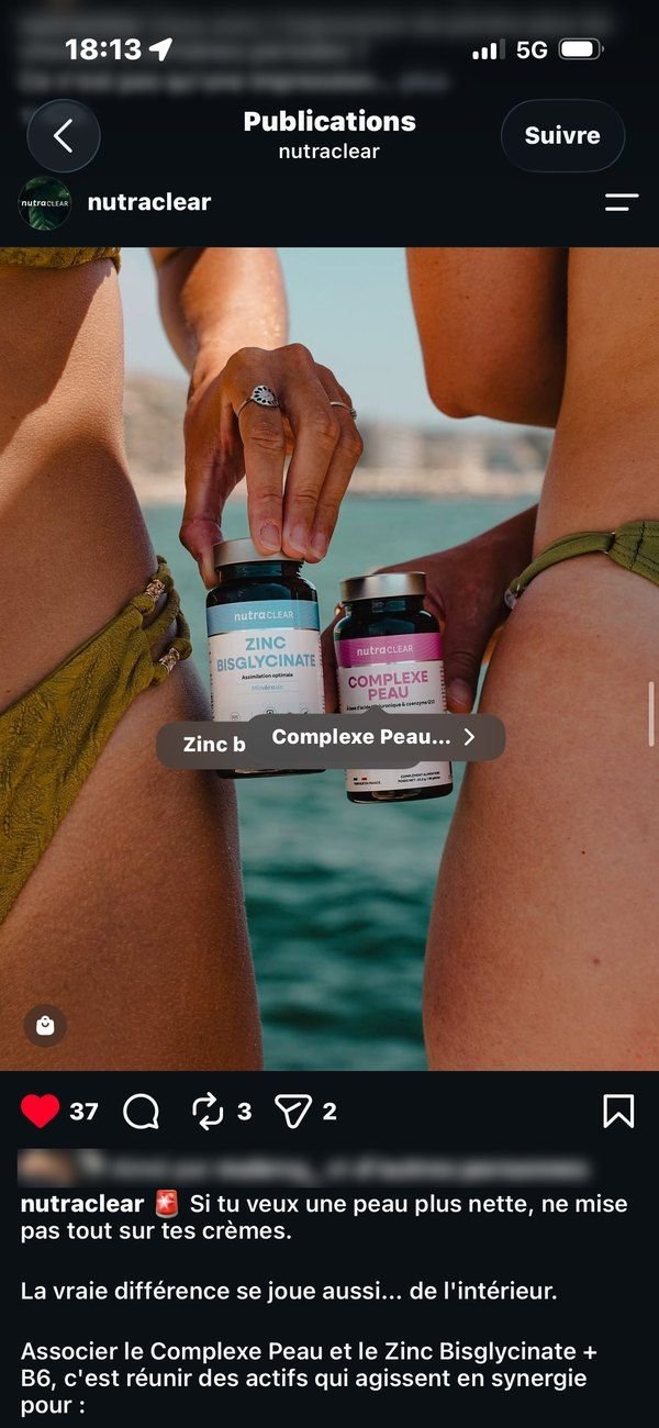 Publication Instagram Nutraclear : Complexe Peau et Zinc