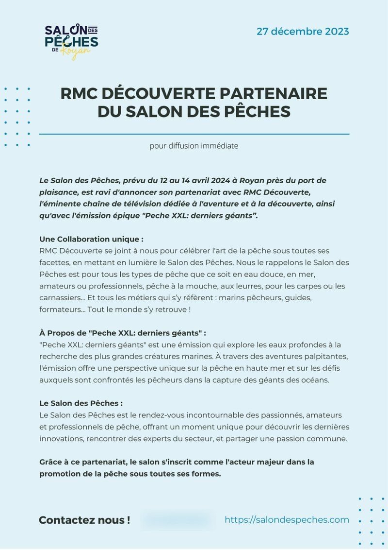 Communiqué de presse : RMC Découverte partenaire du Salon des Pêches
