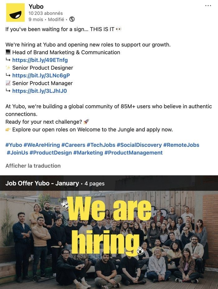Post LinkedIn de recrutement pour Yubo